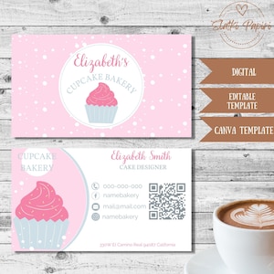Rosa Bäckerei-Visitenkarte, Konditorei-Karte, Kontaktinfo, bearbeitbare Vorlage, Cupcake-Shop-Karte, süße Leckereien