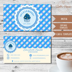 Blaue Bäckerei-Visitenkarte, Konditorei-Karte, Kontaktinfo, bearbeitbare Vorlage