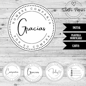 Gracias por su compra、スペイン語テンプレート、Feliz envío、Hecho a mano、Tarjetas de negocios editables、Pegatinas en Español