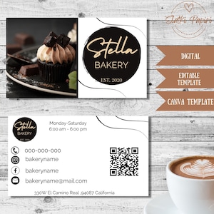 Cartão de visita de padaria, cartão de confeitaria, cafeteria, informações de contato, modelo editável, Tarjeta Pasteleria