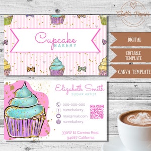 EDITIERBARE Konditor Kartenvorlage, Bäckerei-Shop-Karte, Kontaktinfo, Bäckerei-Visitenkarte, Cupcake-Shop-Karte