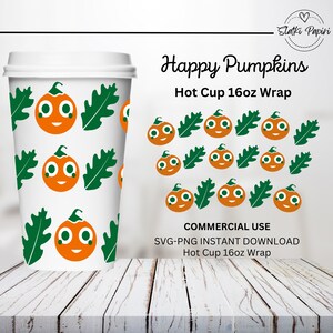 Könnte beinhalten: Ein druckbares Design für eine 16-Unzen-Heißgetränkebecher-Hülle mit einem Muster aus orangefarbenen Kürbissen mit grünen Blättern. Das Design enthält den Text "Happy Pumpkins" und "Hot Cup 16oz Wrap".