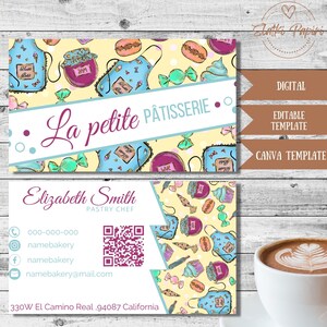 Modelo EDITÁVEL de cartão de visita de padaria, cartão de confeitaria, informações de contato, confeiteiro, designer de bolo, confeitaria