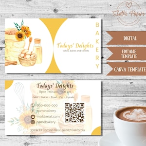 Tarjeta de visita de panadería de girasol, plantilla editable para pastelero, información de contacto de bricolaje imprimible personalizable llamando a pastelería, tienda gourmet