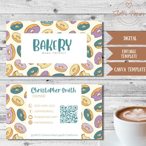 Niedliche Bäckerei Visitenkarte bearbeitbare Vorlage, Kuchen Donuts Shop, süße Cupcakes Konditorei, Restaurant Essen Kontakt Info