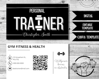 Fitness Instructor Contact Card, Personal Trainer Business Card, Gym Coach Editable Template, DIY Printable Gym Cards, Gym card QR code