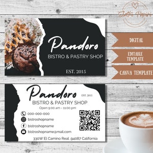 Cartão de padaria preto, loja de pão artesanal, cartão de pastelaria escura, cafeteria elegante, informações de contato, cartão de bistrô chique, cartão de boulangerie, cartão DIY