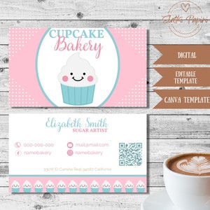 Bakkerij visitekaartje, patisseriekaart, cupcakewinkel, patisserie, contactgegevens, bewerkbare sjabloon, dessertwinkel
