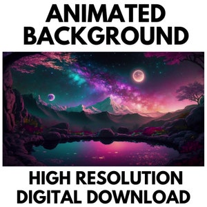 Puede incluir: Fondo animado con una cordillera de montañas y un lago que refleja el cielo nocturno. El cielo está lleno de estrellas y una nebulosa púrpura y rosa. Hay dos lunas en el cielo, una grande y una pequeña.