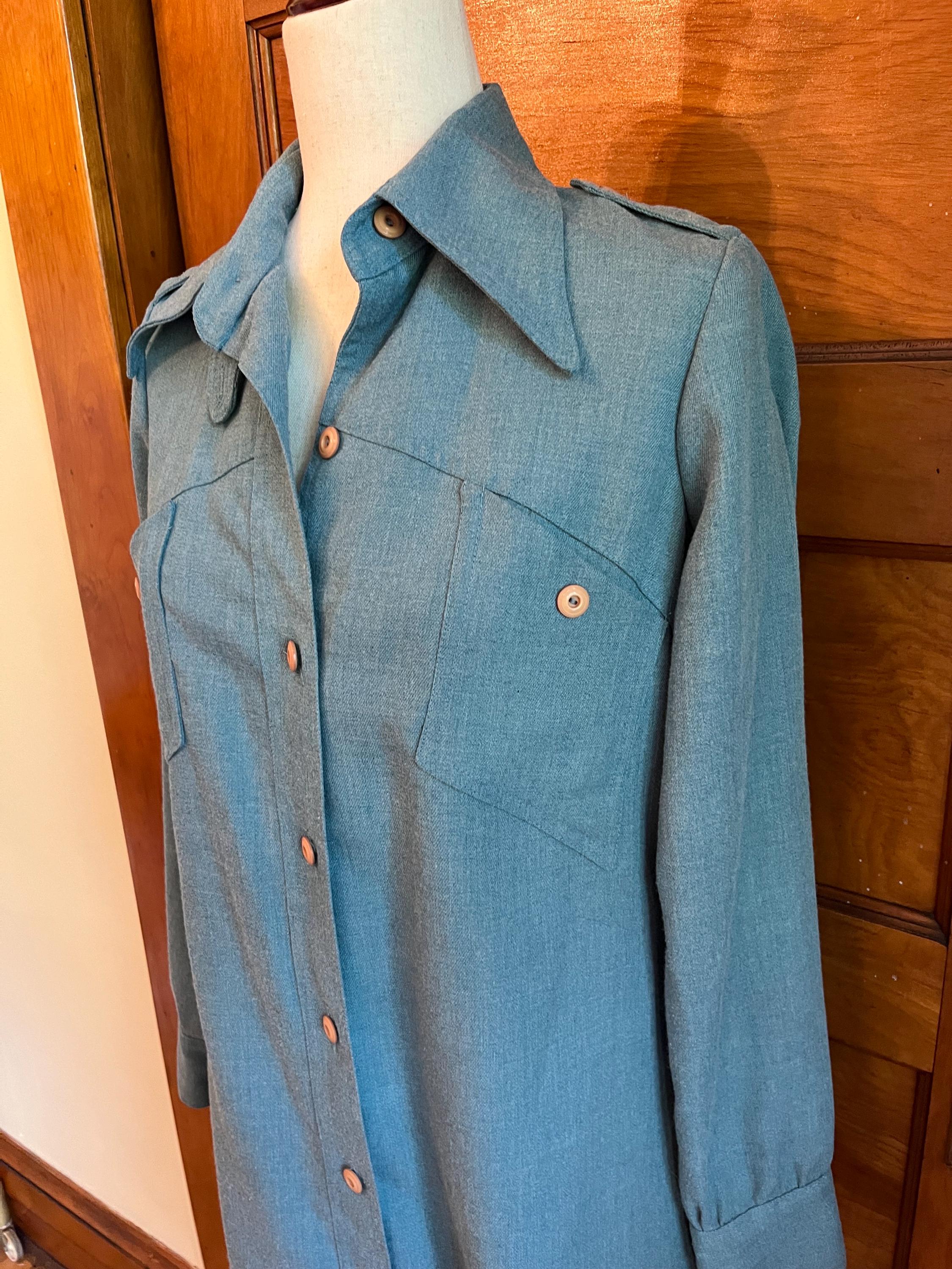 robin egg blue dress shirt 70s Robin's Egg Blue Military Style Shirt Dress