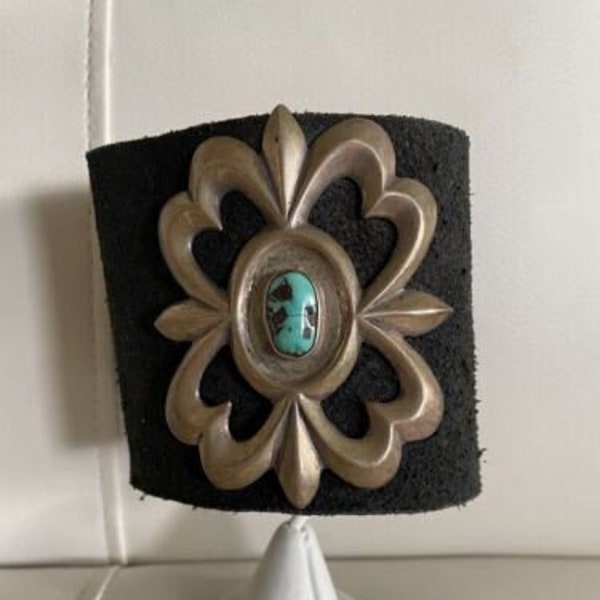 Silver Flower VINTAGE NAVAJO TURQUOISE Silver Ketoh Arm Band Archery Guard 3"