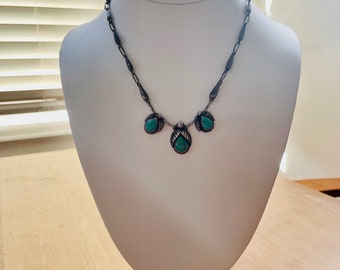 Vintage Mexico Turquoise Sterling Silver Leaf Teardrop Necklace