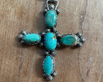 Beautiful!!! Vintage Native American Turquoise and Silver Cross Necklace Pendant