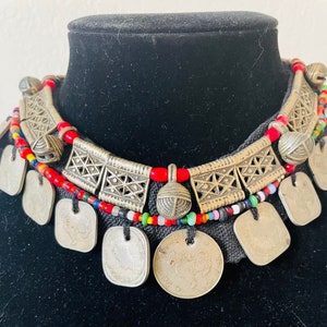 Vintage Antique Colonial India Tribal Collar Necklace with Silver Beads, Bells, and Coins - Amazing!
