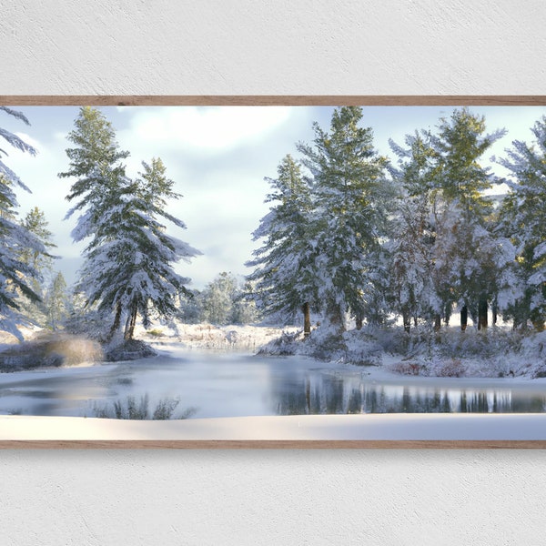 Samsung Frame TV Art, Frozen Lake, Snow Covered Trees, Winter Landscape, Digital Download