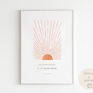 Cita del Dalái Lama / Un corazón abierto es una mente abierta / Arte de pared de atención plena impreso / Cartel inspirador del amanecer