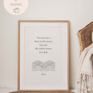 Rumi Quote Poster: Black Waves Line Art, Inspirational Wall Decor