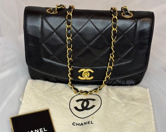 Authentic Chanel Vintage Black Lambskin Small Diana Shoulder 