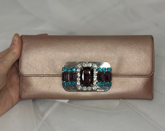 Authentieke Prada vintage roze metallic lange portemonnee met juwelen