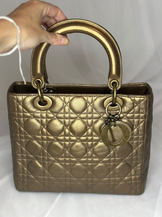 ♻️AUTH Large Lady Dior in Brown/Caramel Gold hdw