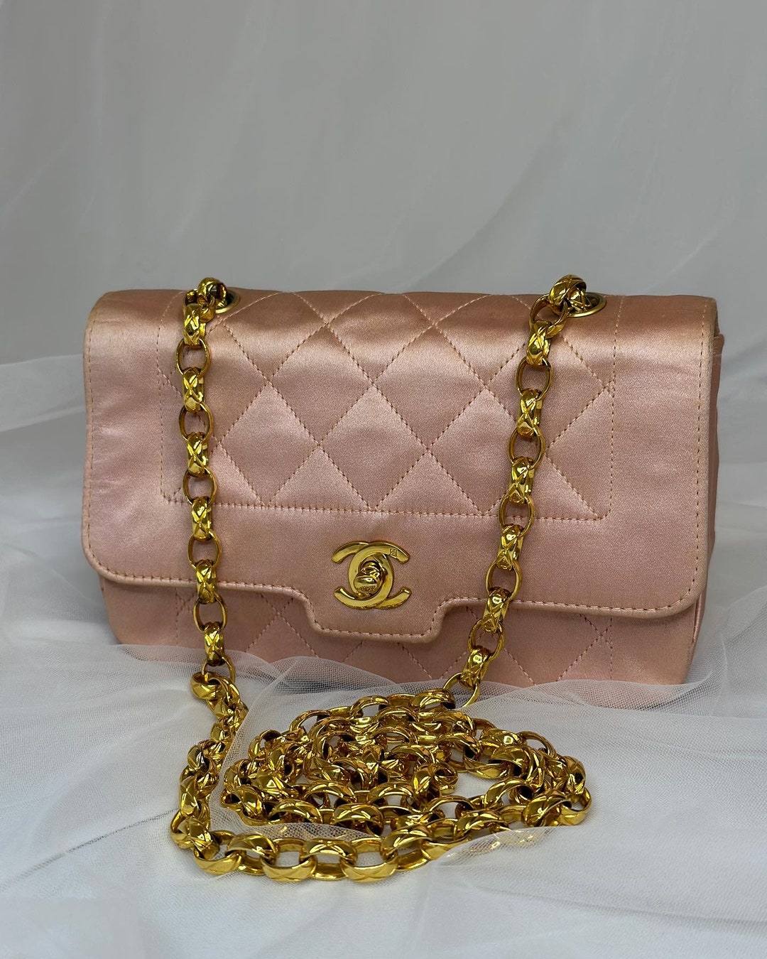 Authentic Chanel Vintage Pink Satin Diana Shoulder Bag With 