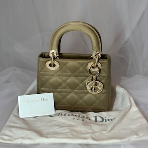 Authentic vintage Dior lady Dior mini in satin green/gold with crystal accents handbag