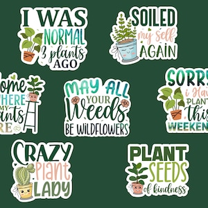 Puede incluir: Un conjunto de pegatinas con temática de plantas y varias frases. Las pegatinas presentan ilustraciones de plantas en macetas y textos humorísticos como "I was normal 3 plants ago" y "Crazy Plant Lady". La paleta de colores incluye verde, blanco y toques de rosa.
