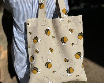 Natuurlijke linnen draagtas met bijen. Sterke linnen boodschappentas. Markt tas. Strandtas. Linnen tas. Ecozak. Klant