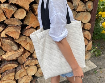 Jacquard Creme linen bag Natural linen tote bag Boho French Market bag Beach bag Stonewashed Linen bag Eco bag Shopper Zero waste shopping