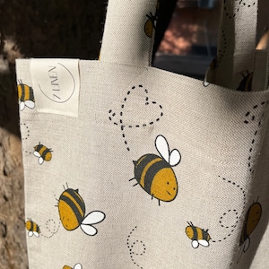 Natural Linen Tote Bag with Bees. Strong Linen Shopping Bag. Market Bag. Beach Bag. Linen Bag. Eco Bag. Shopper