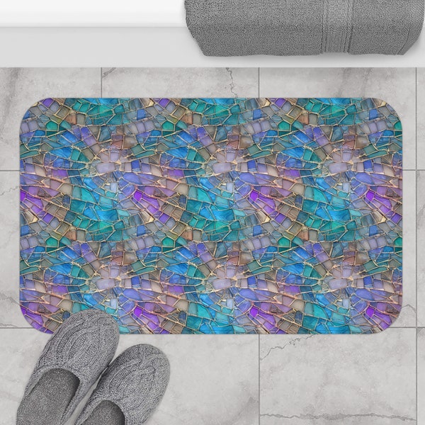 Beautiful Purple and Blue Stained Glass design Bathroom rug, Bath Mat, Aesthetic, Home decor, Bath decor Housewarming,  New Home Gift