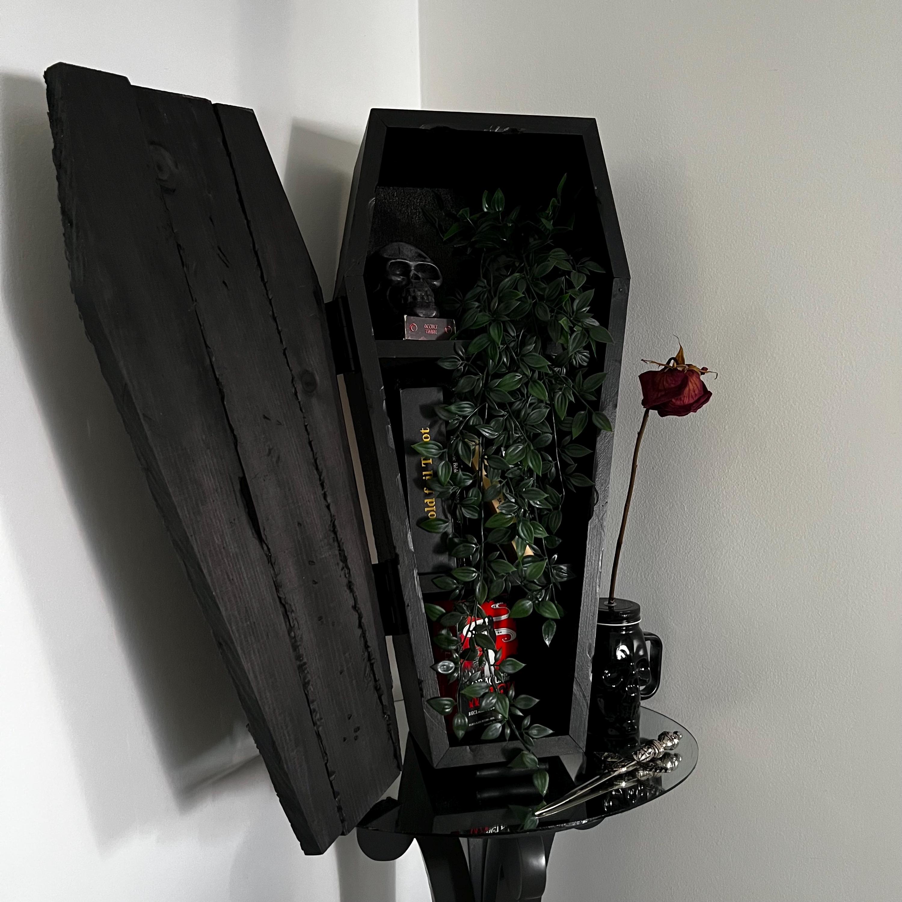 Gothic Coffin Shelf, Gothic Decor for Home Perfect for Showcasing Crystals and Curios, Black Spooky Curio Shelf for Home, Halloween Decor