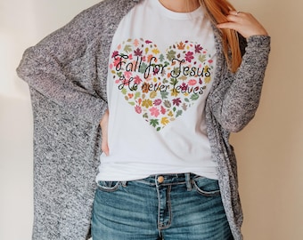 Fall for Jesus He Never Leaves Autumn Colors Christian Women's T-Shirt