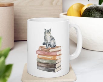 Cat on Books Ceramic Mug - Book Lover Gift
