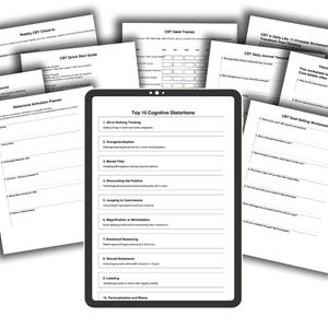 May include: A collection of white printable worksheets and a tablet. The tablet displays "Top 10 Cognitive Distortions". Other worksheets include "CBT Daily Thought Record" and "CBT Habit Tracker". The worksheets are for mental health and self-improvement.
