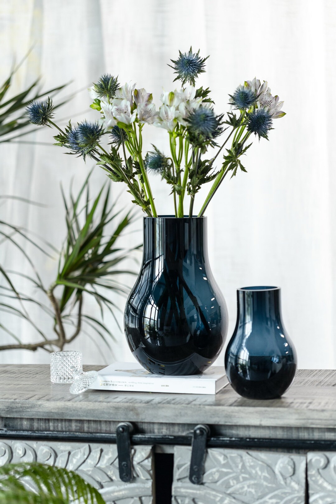 Modern Classic Design Luxury Glass Vase in Ink Blue, DAVOS Series, the