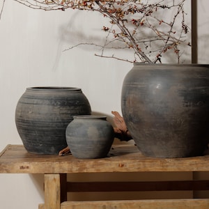 vintage matte grey clay pots, rustic interior pottery, urns, Wabi Sabi style