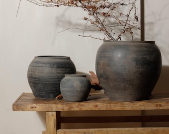 vintage matte grey clay pots, rustic interior pottery, urns, Wabi Sabi style