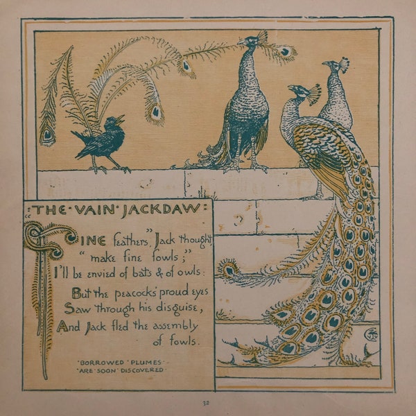 Antique Aesop's Fable by Walter Crane, The Vain Jackdaw,  Victorian Art, Matted Ready to Frame