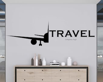Decalcomanie da muro con logo di viaggio personalizzato, adesivo da parete per tour di viaggio, decorazione da parete di viaggio, arte da parete per ufficio, adesivo per finestra, lettera in vinile, arte aereo TR0015
