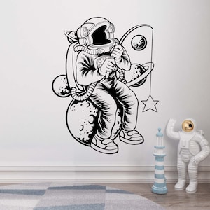 Calcomanía de pared de astronauta, pegatina de pared de astronauta, calcomanía de vinilo para pared de niño, arte de pared BY0012