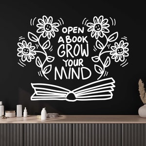 Calcomanía de pared con texto "Abrir un libro", decoración de pared con "Leer más libros", arte de pared con libros, calcomanía de pared con citas, calcomanía de pared con libros, letras de vinilo, calcomanía para ventana BK0007