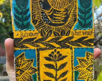 hand carved stamps on canvas prayer flags