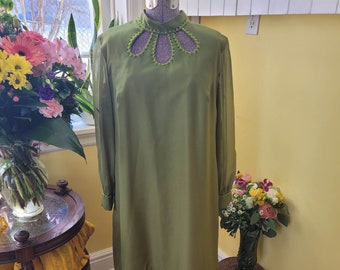 1960's hand made chartreuse mod dress with beaded accents, key hole neckline and sheer sleeves.