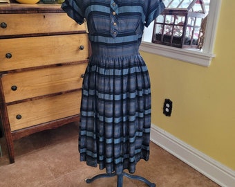 1950's Judy Palmer Silk blend striped dress with faux button front