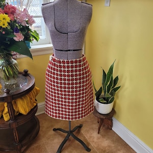 1960&#39;s Handmade mini skirt. Wool in red, white and blue check. Waist 27.5&quot;. Size 6 US.