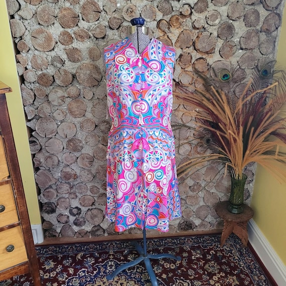 1960's Silk Drop waist psychedelic dress with fau… - image 1