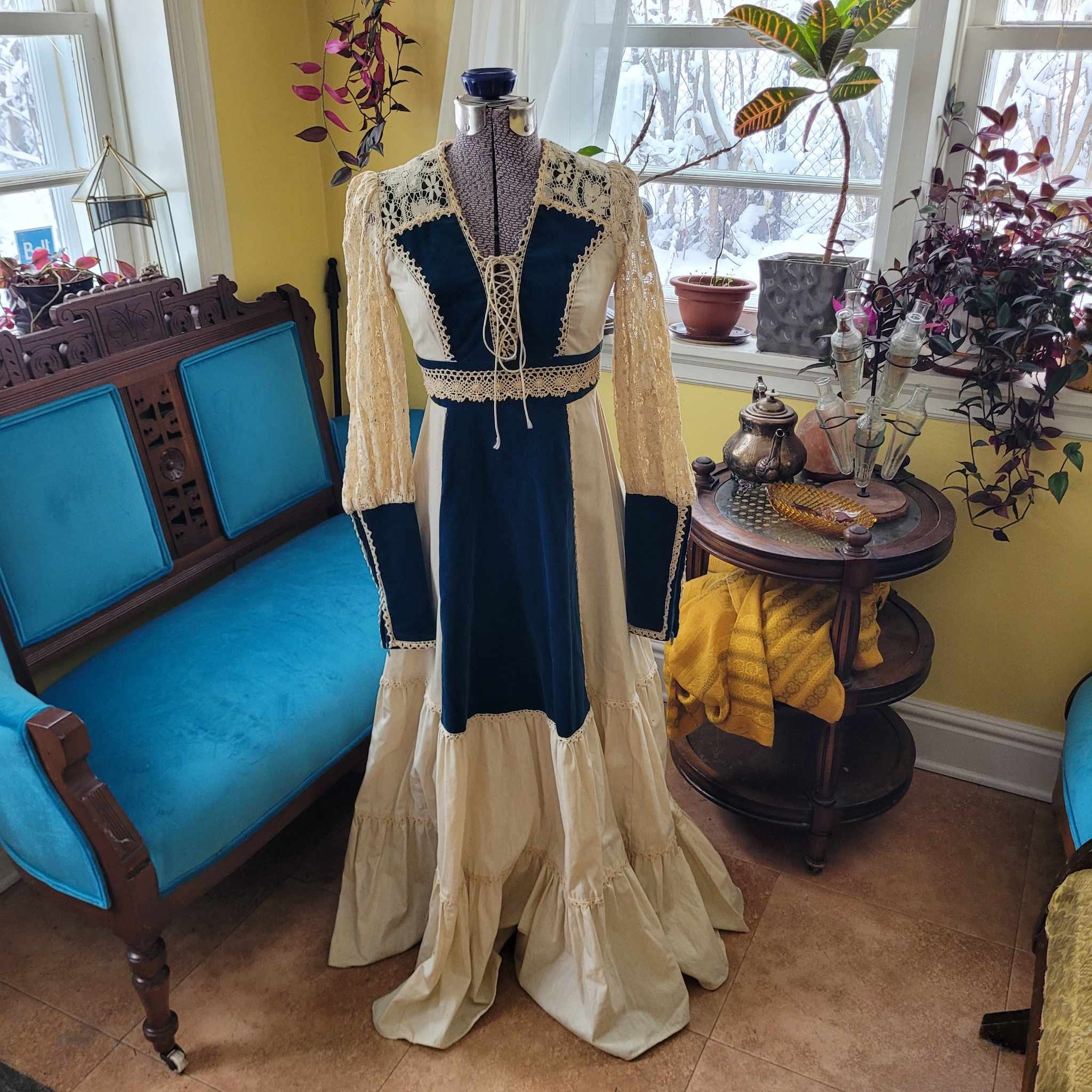 1970's Gunne Sax Renaissance Revival Dress With Dark Teal Velvet