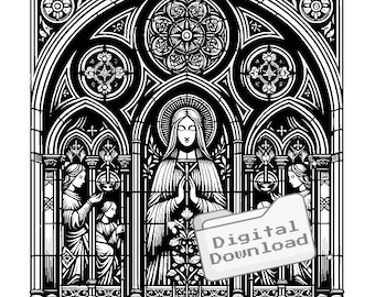 May include: Black and white illustration of a stained glass window depicting a religious scene. The central figure is a woman with her hands clasped in prayer, flanked by two figures holding candles. The window is framed by a gothic arch and intricate details.