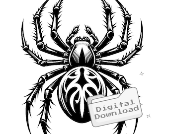 May include: Black and white illustration of a spider with a tribal design on its abdomen. The spider has eight legs and is facing forward. The image is in a digital download format.